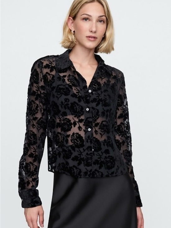 GAP Tops - GAP Black Sheer Floral Button-Down Shirt Sz M